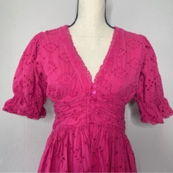 House Of Harlow V Neck Button Up Eyelet Midi Dress - Picture 5 of 13